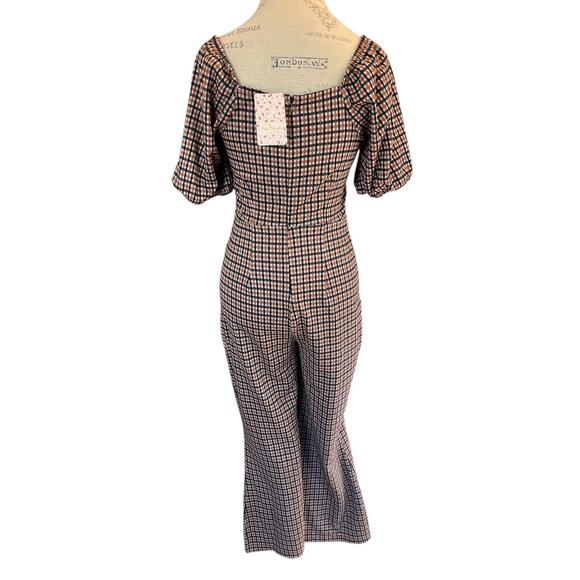 Free People Oxford fall plaid jumpsuit. Orange, black, puff sleeve NWT - Picture 7 of 12
